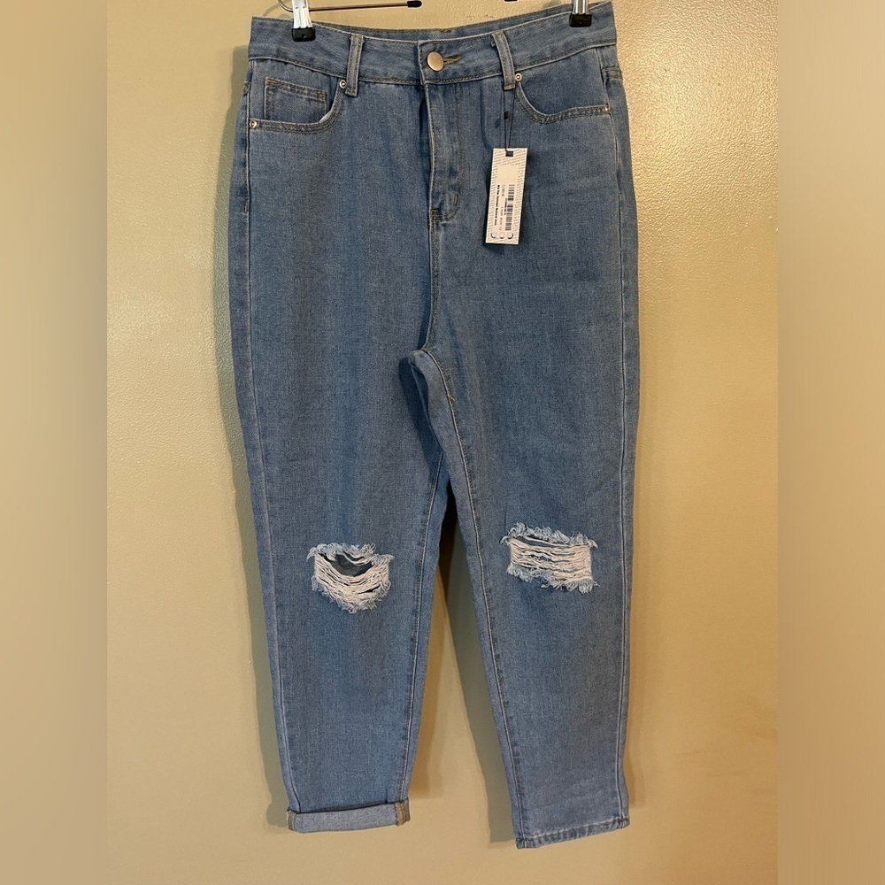 BooHoo Womens Blue Mid Rise Boyfriend Jeans Pockets Cotton Blend 8 Baggy NWT